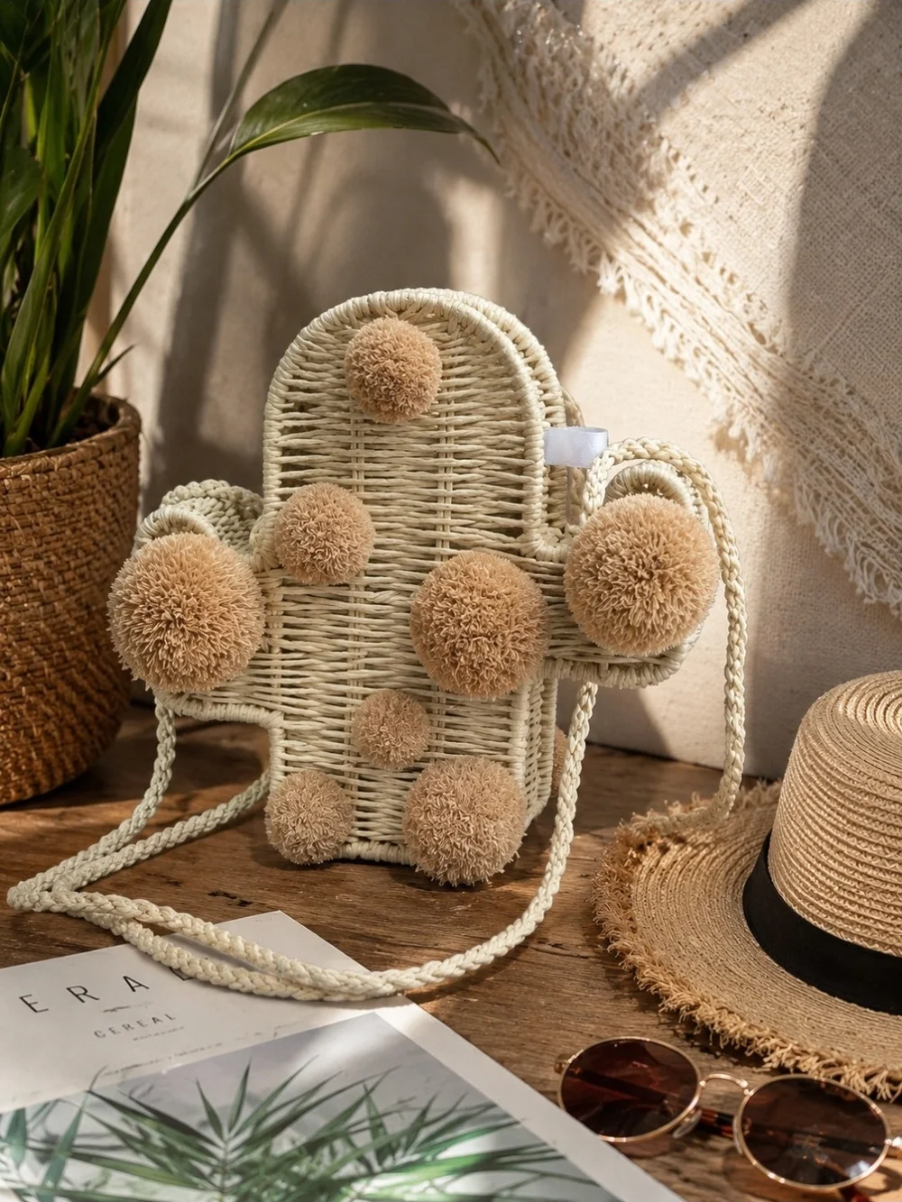 Savanna Anthropologie-Inspired Cactus Woven Crossbody Bag Pom Pom Boho Purse